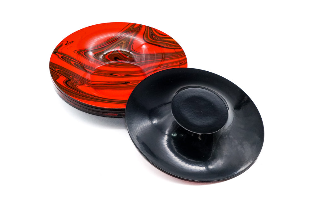 Japanese Chataku - Set of 5 Abstract Wavy Orange Black Tea Saucers