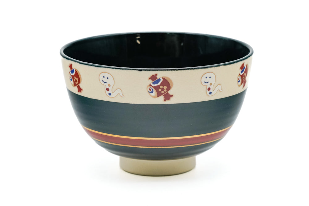 Japanese Matcha Bowl - Festive Black Glazed Kyo-yaki Chawan
