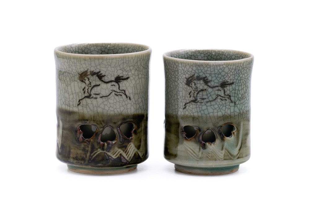 Double-walled Obori Soma-yaki Celadon Teacup Pair