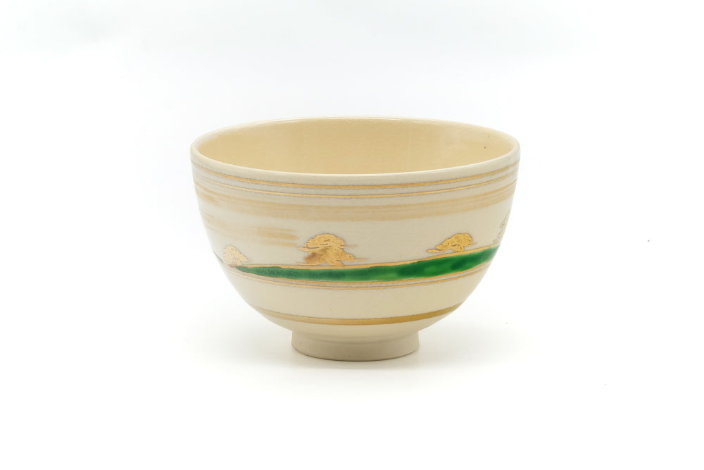 Japanese Matcha Bowl - Gold Green Landscape Kyo Chawan - 300ml