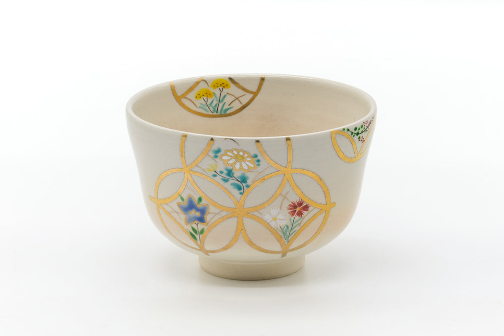 Japanese Matcha Bowl - Beige Gold Geometric Floral Kyo-yaki Chawan - 400ml