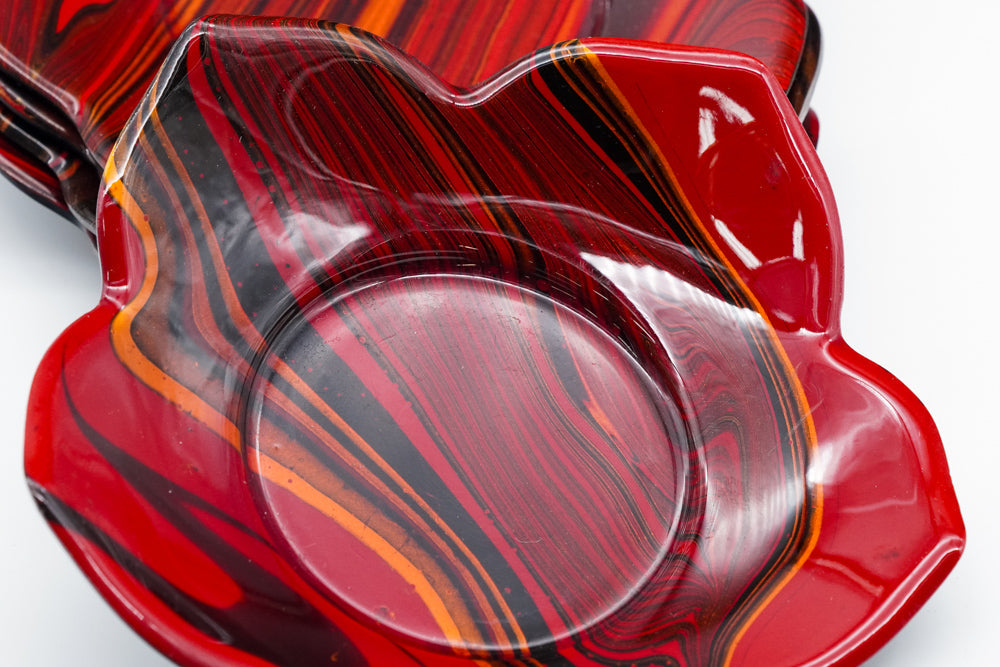 Japanese Chataku - Set of 5 Floral Wavy Red Black Lacquer Tea Saucers