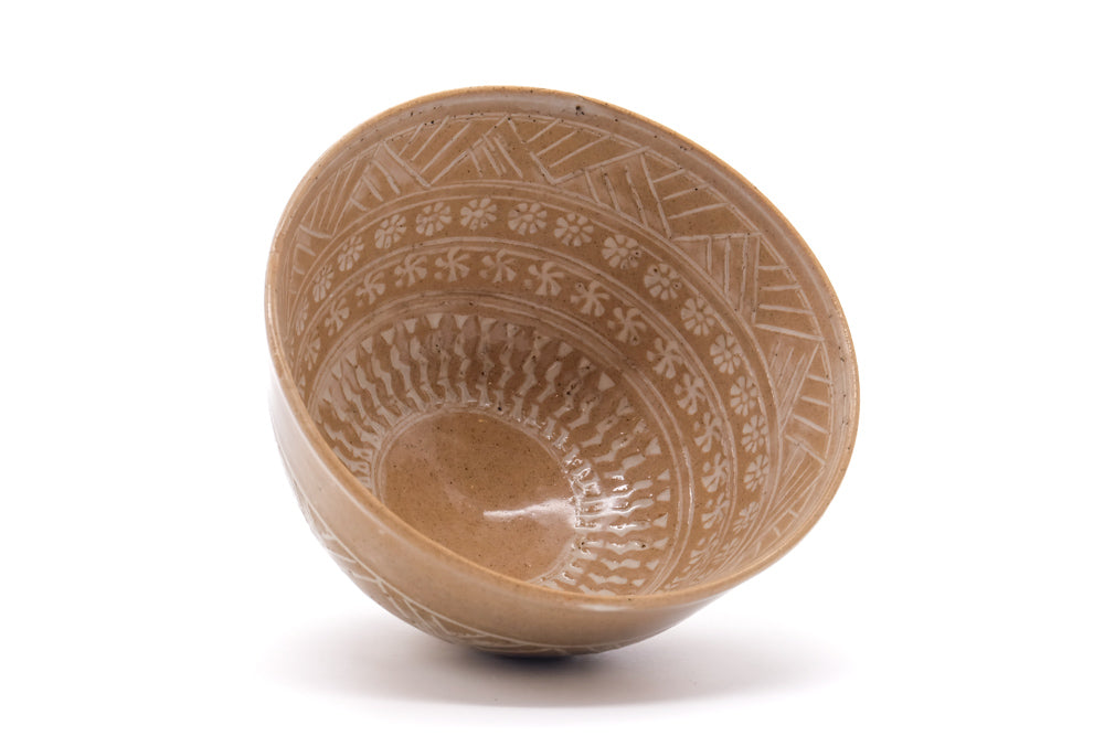 Japanese Matcha Bowl - Beige Geometric Mishima Chawan - 330ml