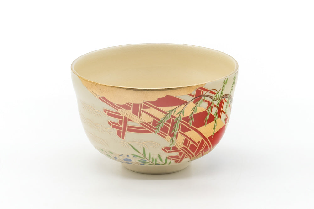Japanese Matcha Bowl - Gold Red Bridge Kyo-yaki Chawan - 400ml