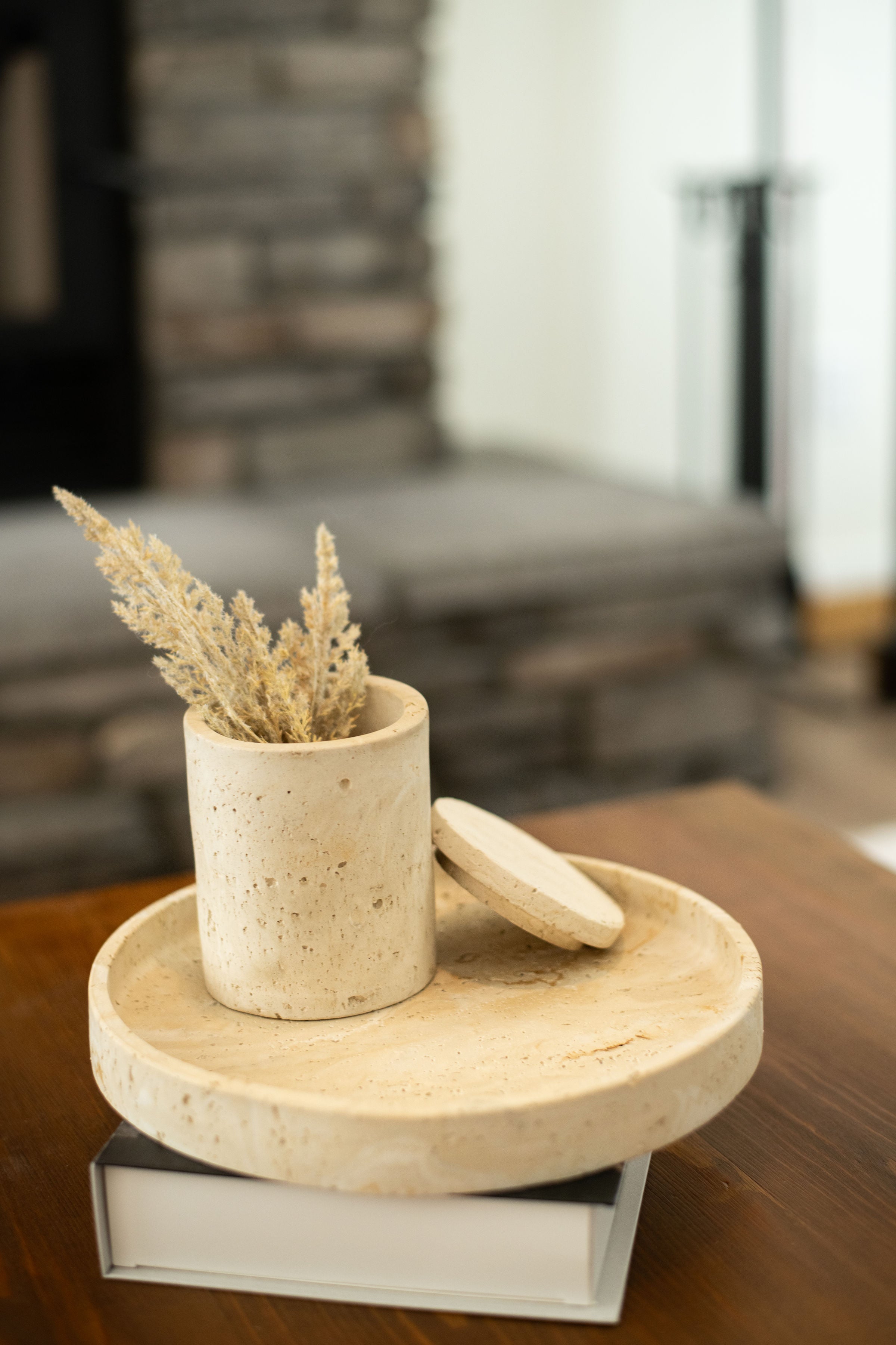 Travertine and Lava Rock Round Trays