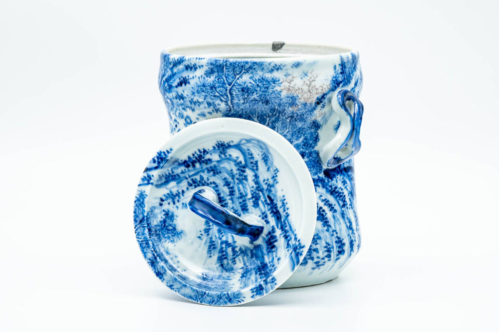 Japanese Mizusashi - Blue Kanji Mountainous Porcelain Fresh Water Container - 1100ml