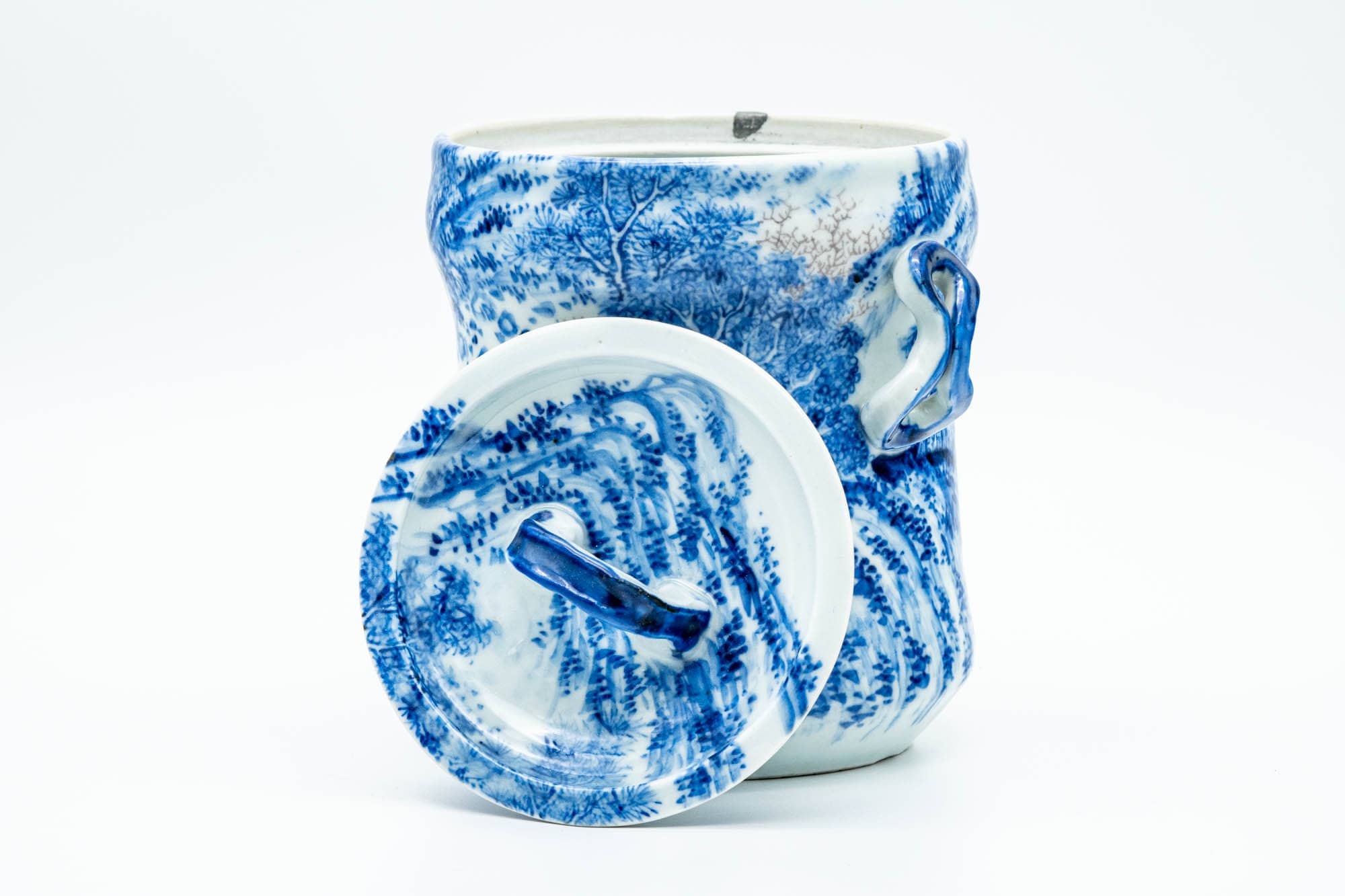 Japanese Mizusashi - Blue Kanji Mountainous Porcelain Fresh Water Container - 1100ml