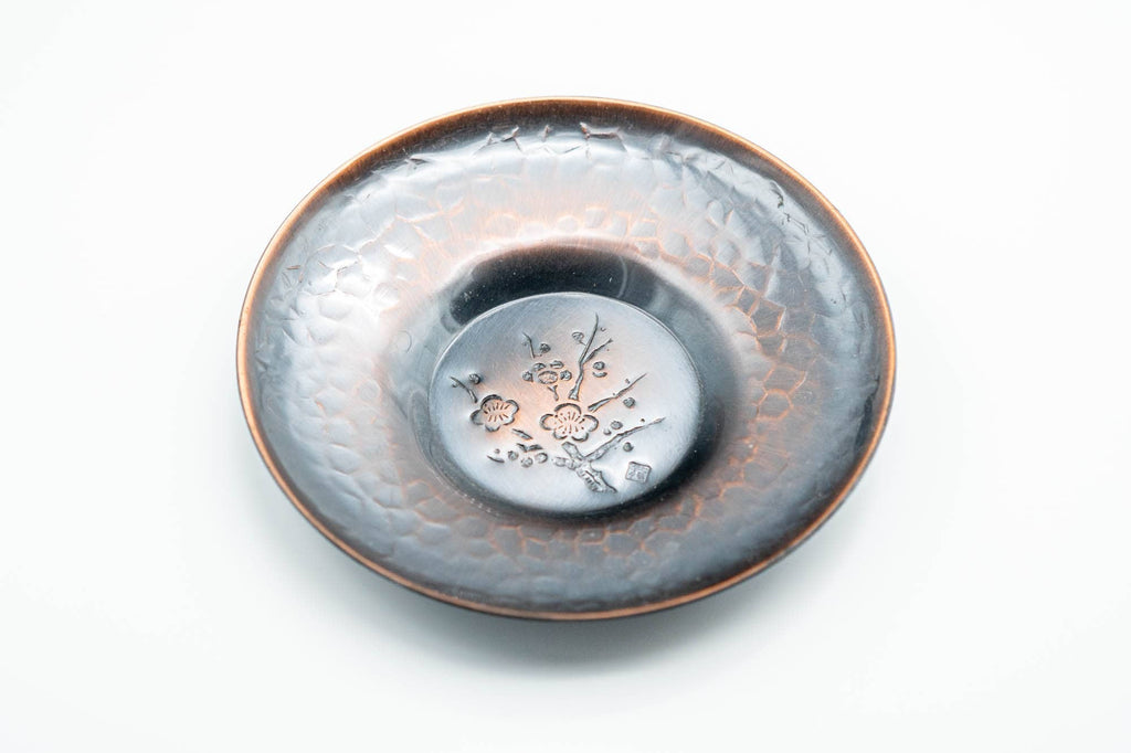 Japanese Chataku - Set of 5 Hammered Copper Uniquely Engraved Tea Saucers with 3 Chasaji Tea Scoops in Wooden Box