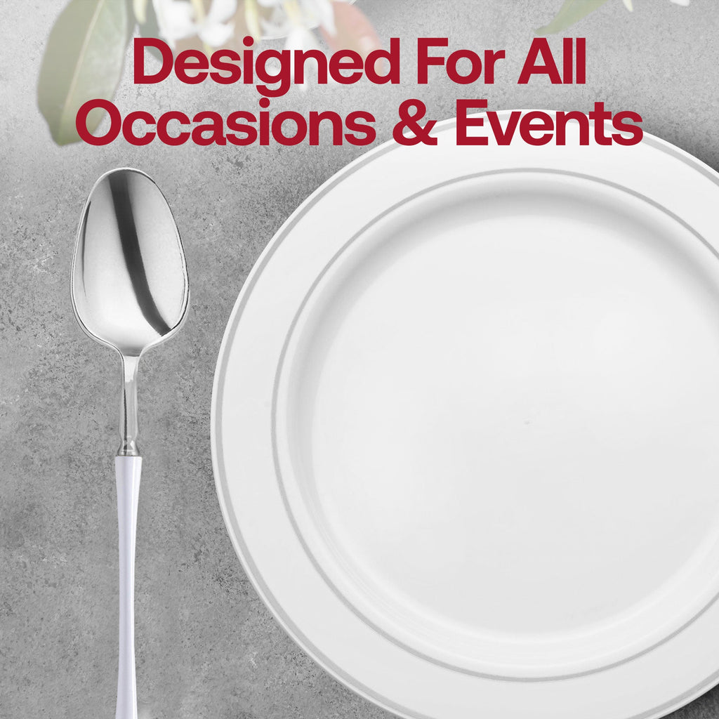 Silver with White Handle Moderno Disposable Plastic Dinner Spoons