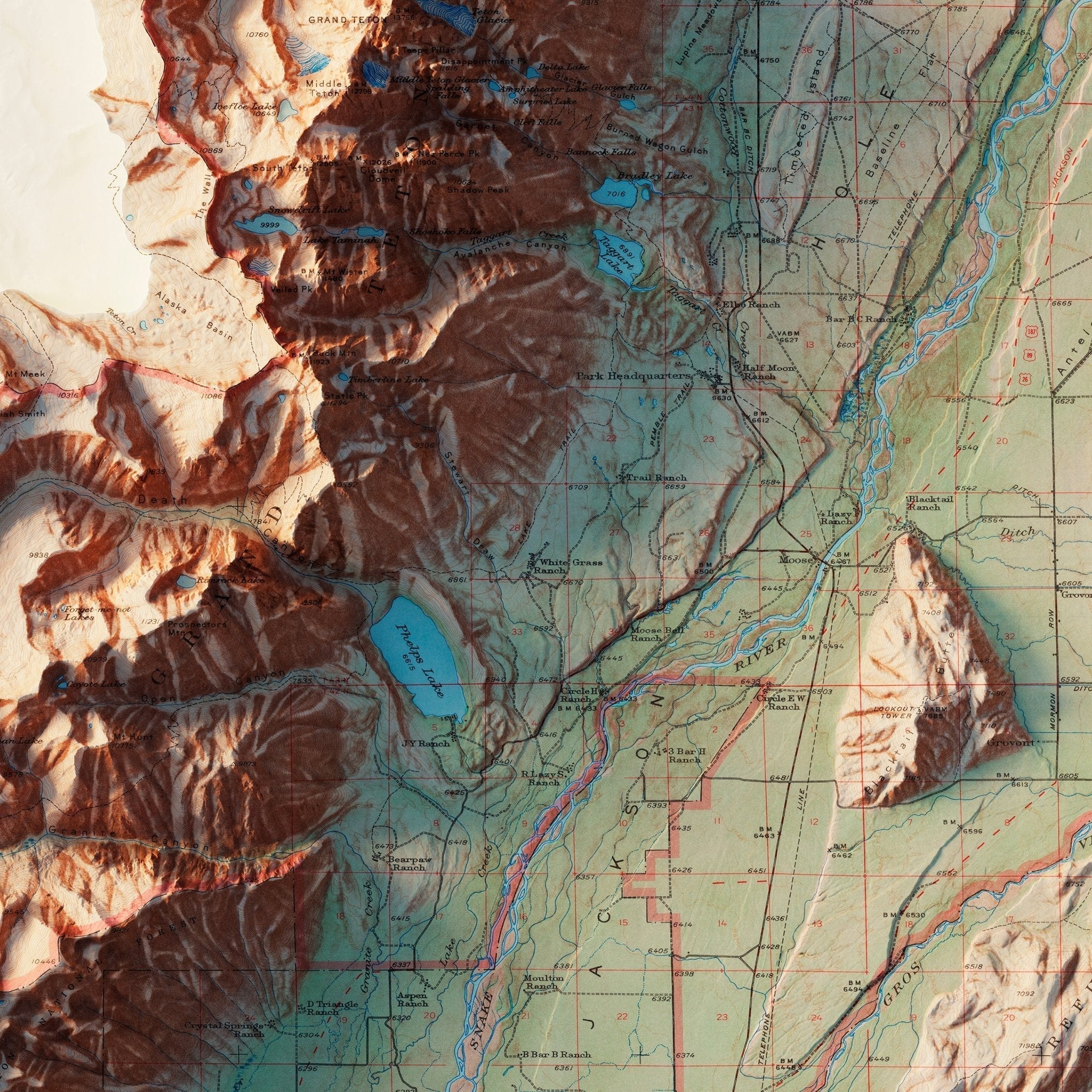 Grand Teton National Park 1965 Shaded Relief Map - No Frame