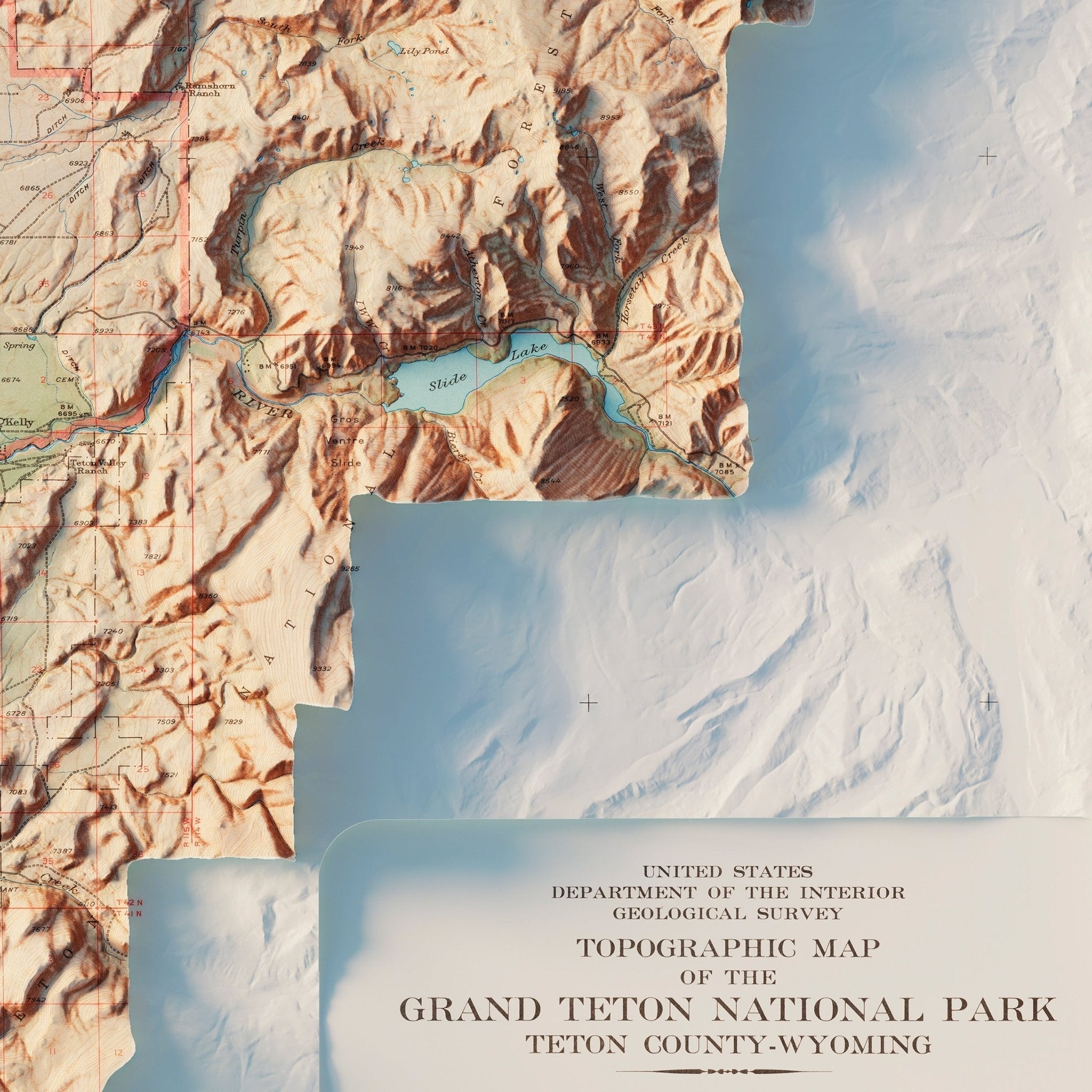 Grand Teton National Park 1965 Shaded Relief Map - No Frame