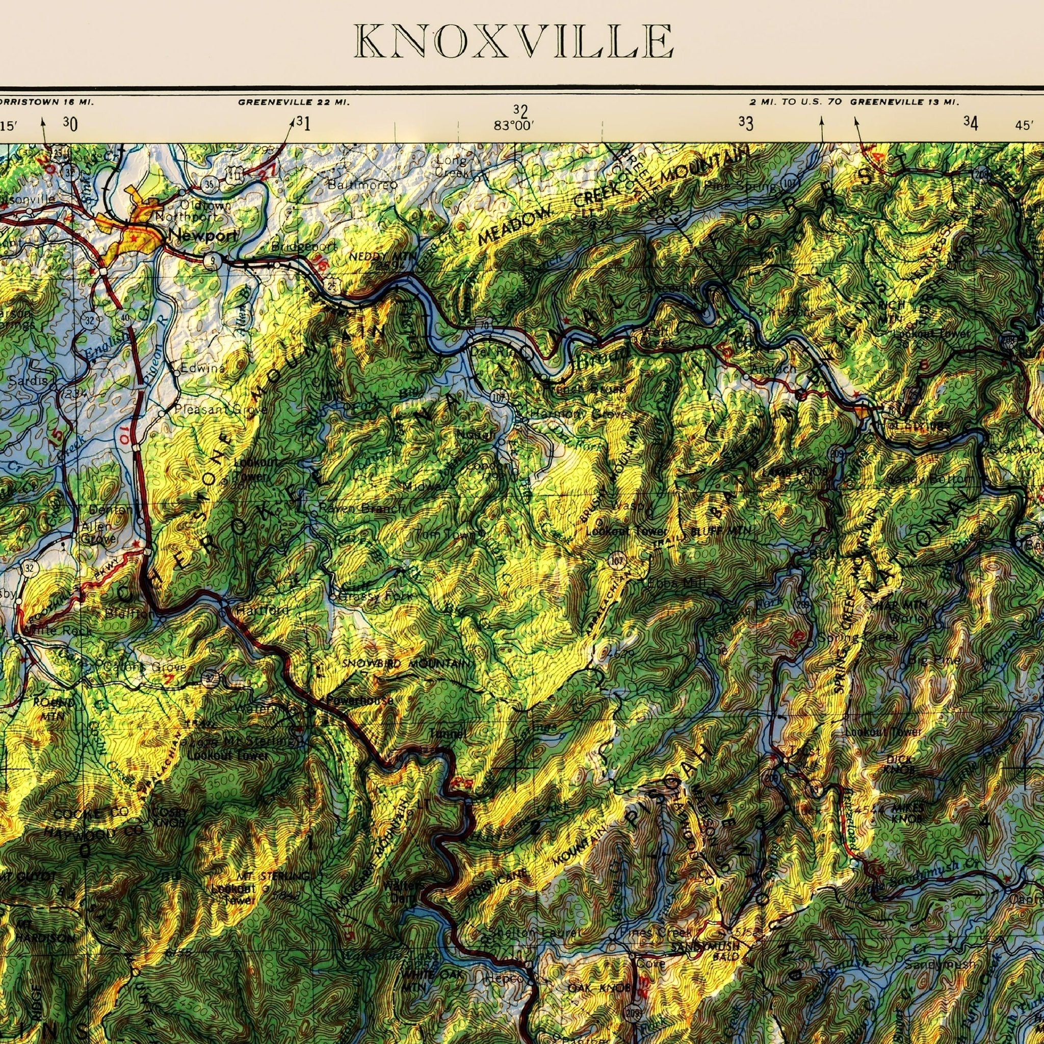 Great Smoky Mountains 1957 Shaded Relief Map - No Frame