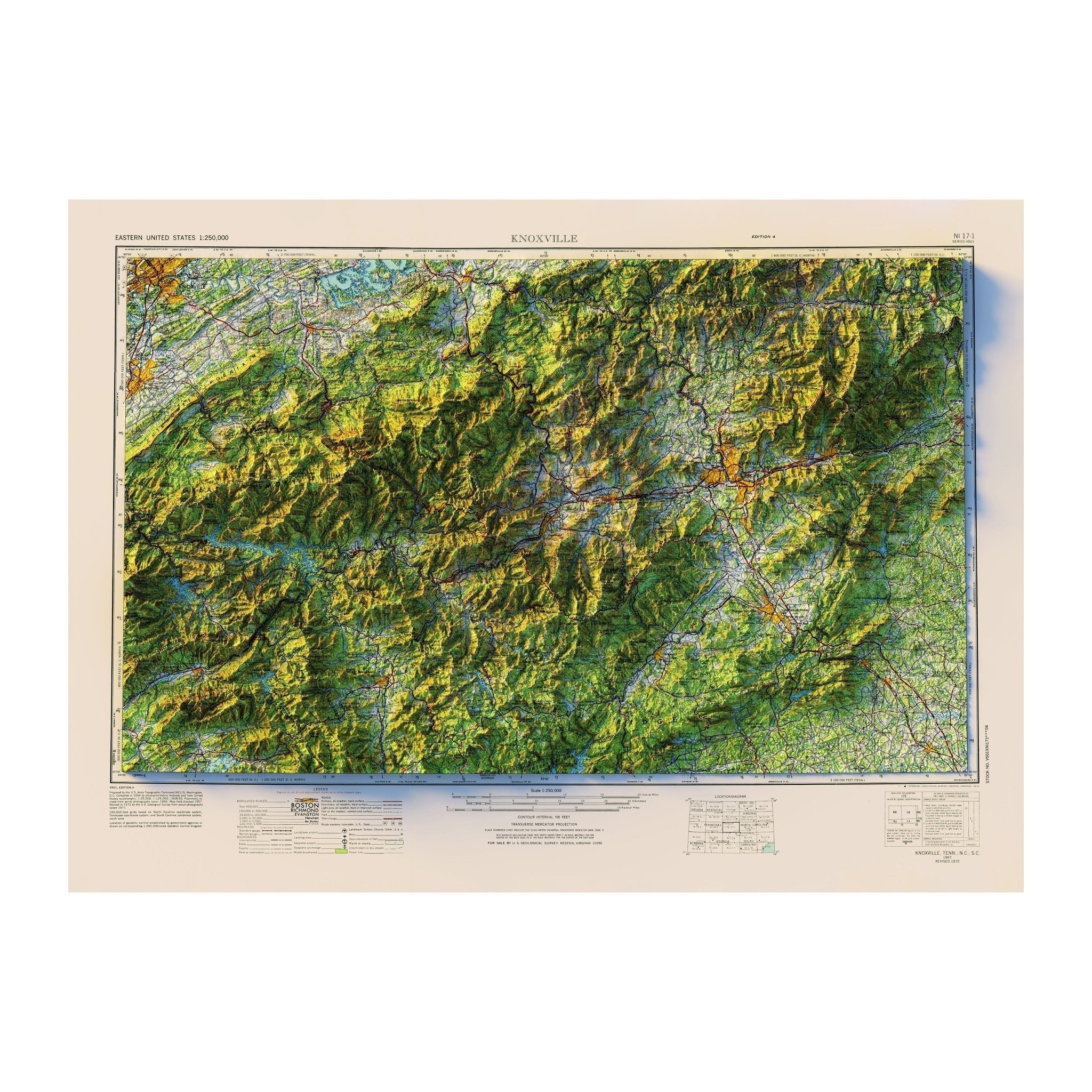 Great Smoky Mountains 1957 Shaded Relief Map - No Frame