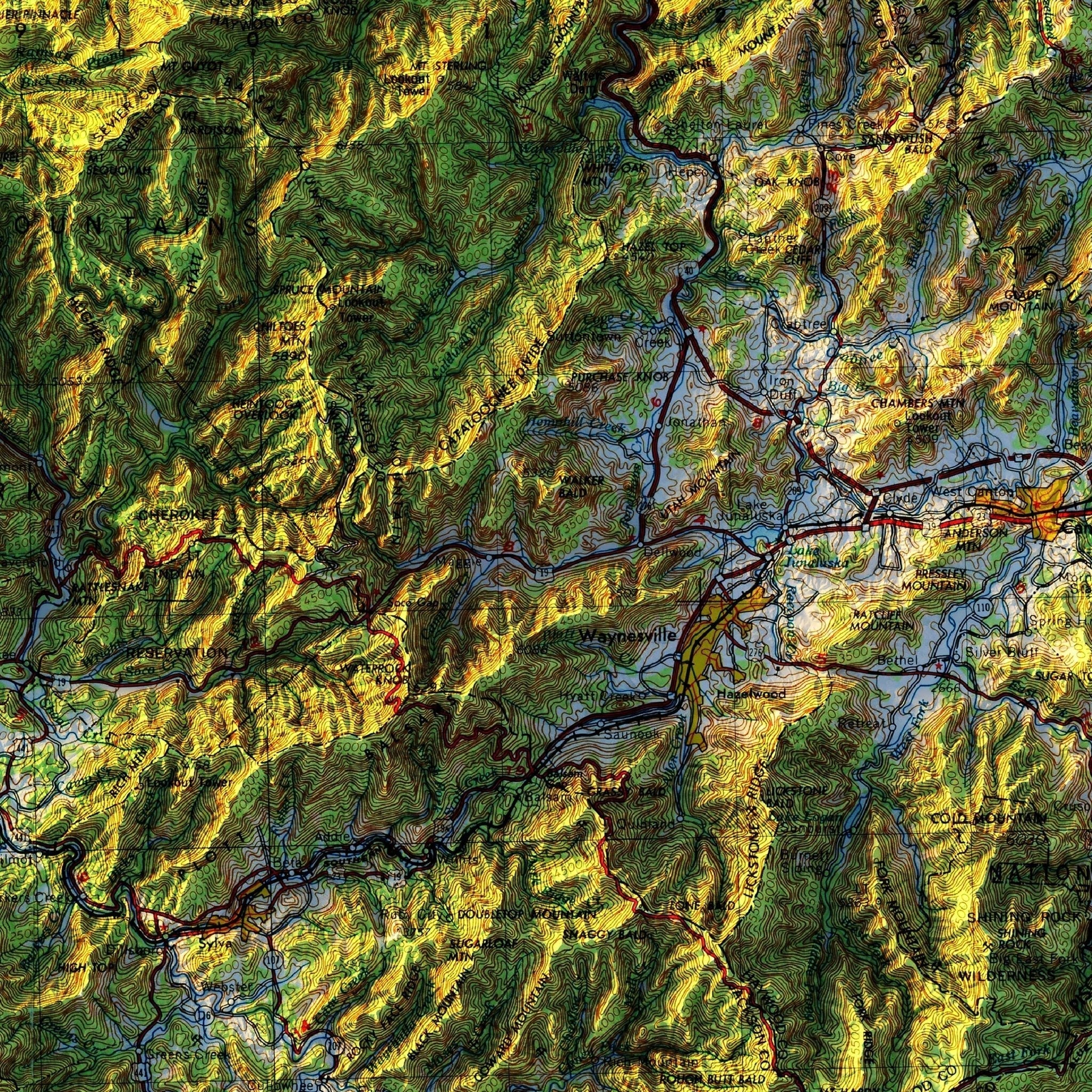 Great Smoky Mountains 1957 Shaded Relief Map - No Frame