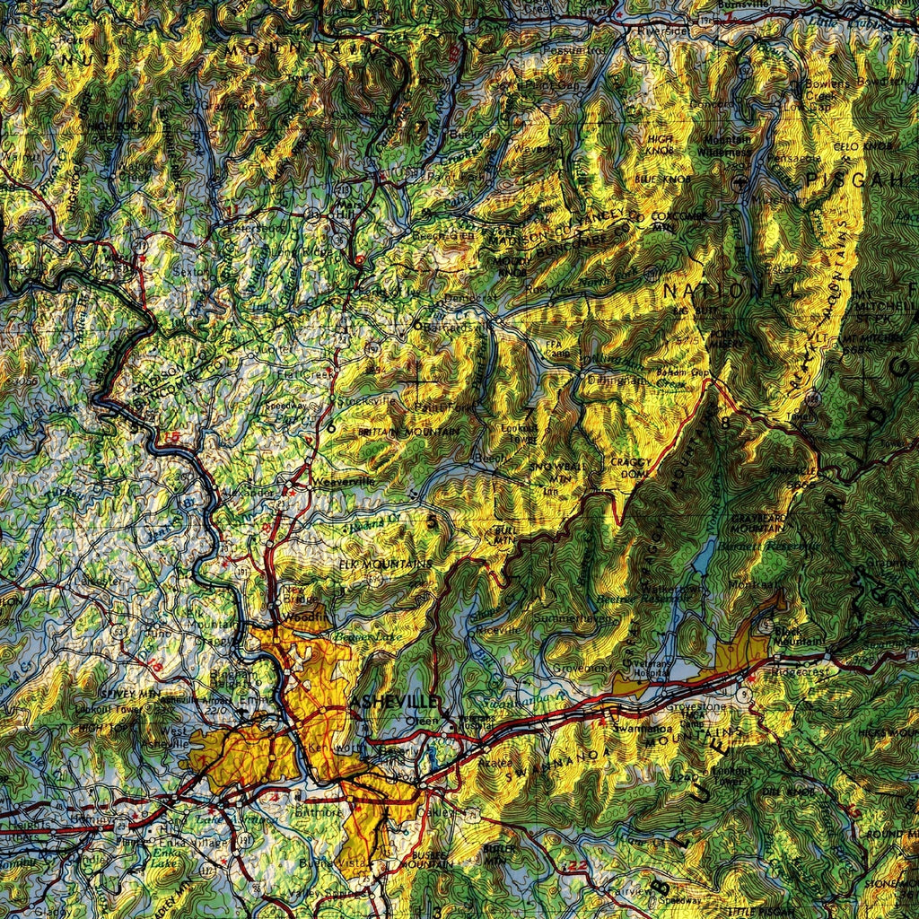 Great Smoky Mountains 1957 Shaded Relief Map - No Frame