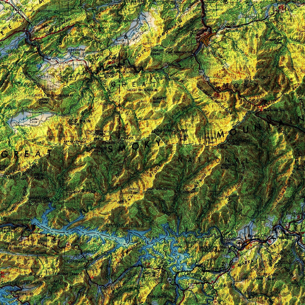 Great Smoky Mountains 1957 Shaded Relief Map - No Frame