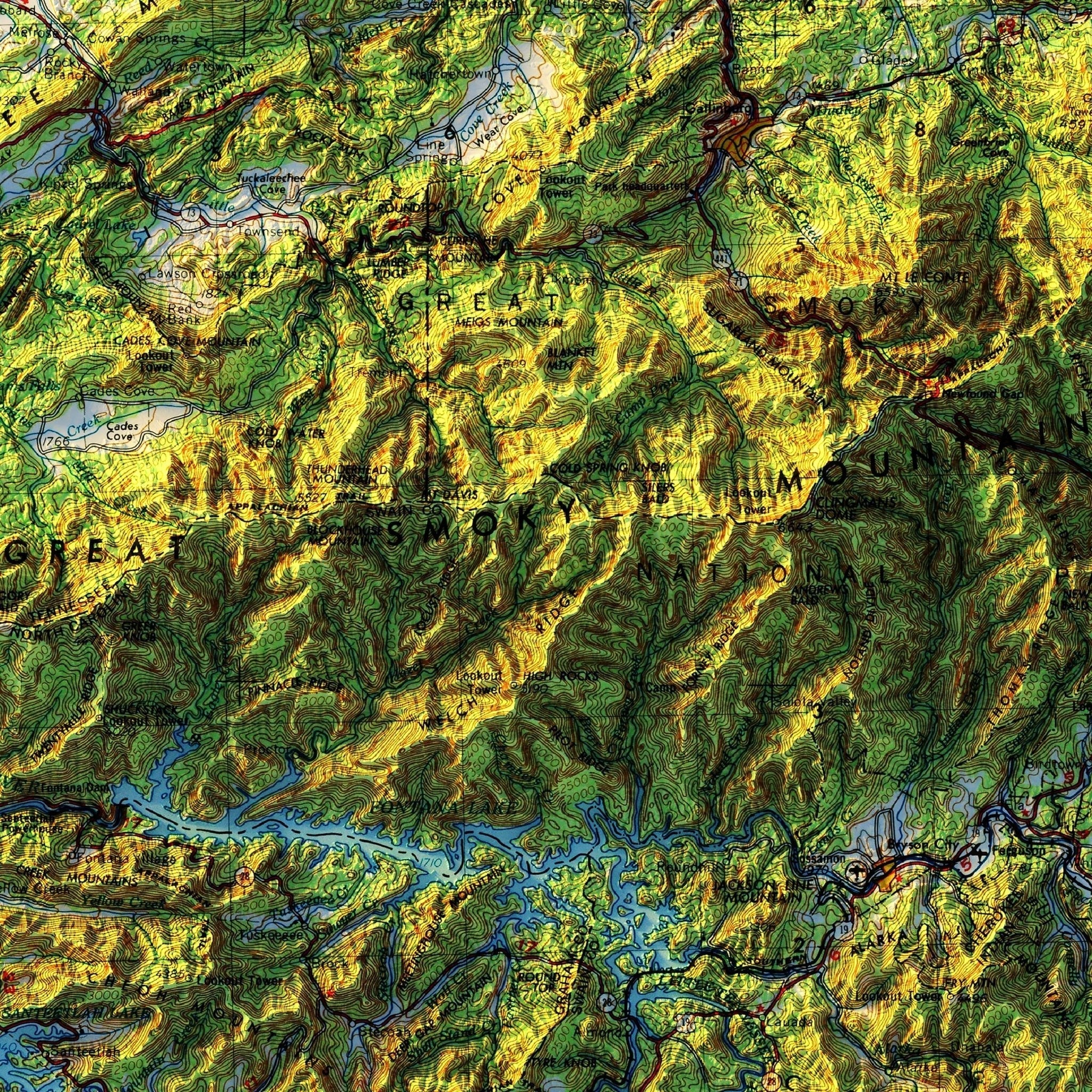Great Smoky Mountains 1957 Shaded Relief Map - No Frame