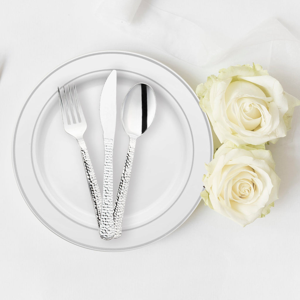 Shiny Metallic Silver Hammered Plastic Cutlery Set