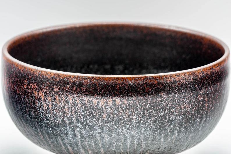 Japanese Matcha Bowl - Red Tenmoku Glazed Wan-nari Chawan with Dark Bamboo Set - 250ml