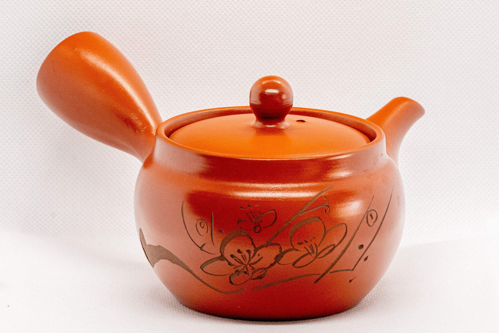 Japanese Kyusu - Floral Engraved Red Shudei Tokoname-yaki Ceramic Teapot - 300ml
