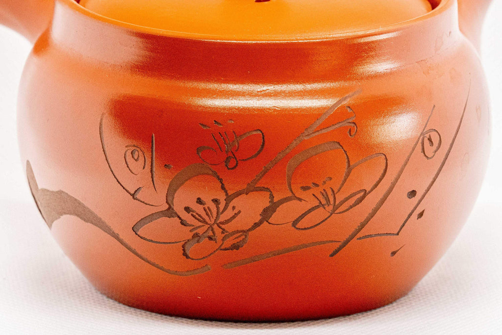 Japanese Kyusu - Floral Engraved Red Shudei Tokoname-yaki Ceramic Teapot - 300ml
