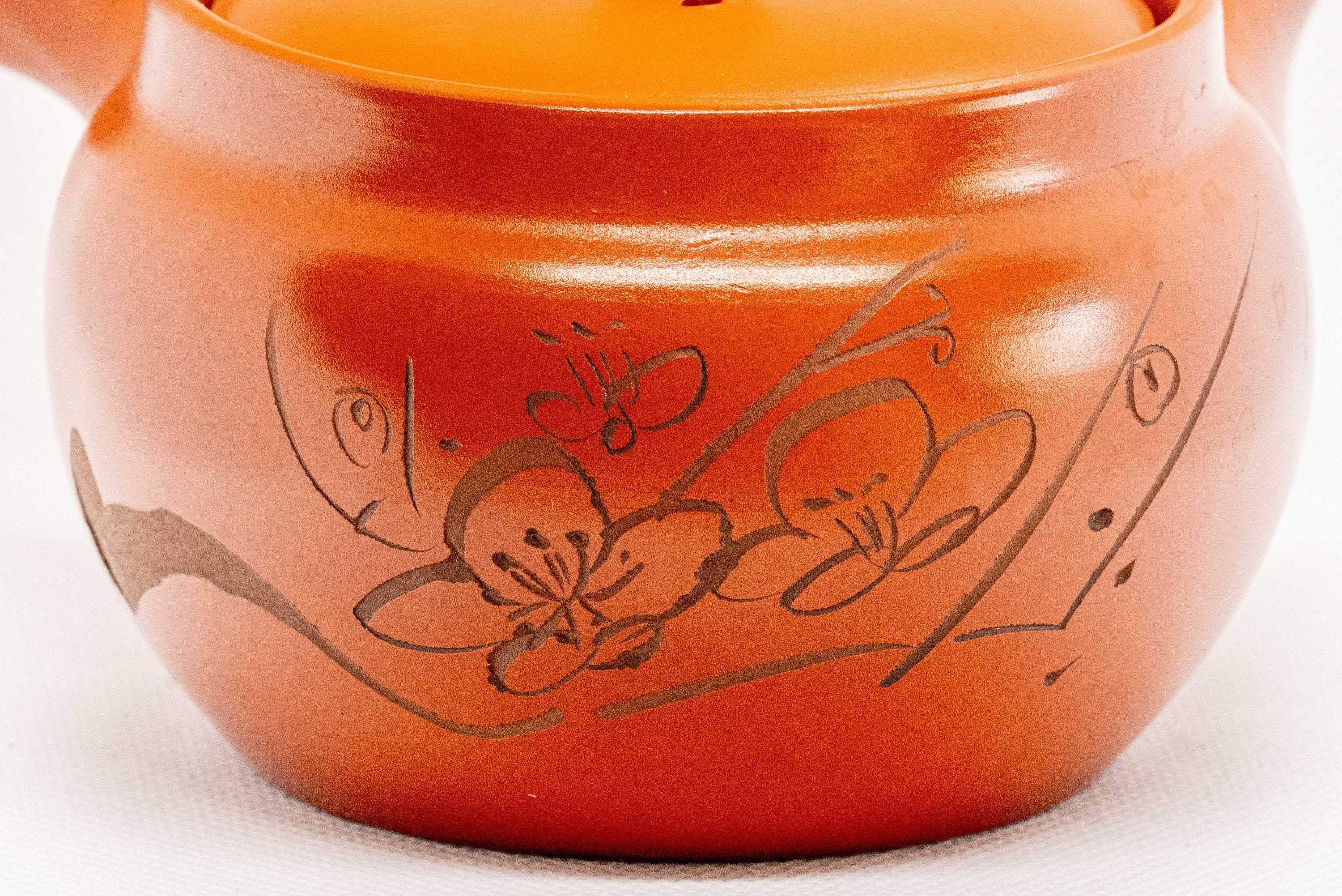 Japanese Kyusu - Floral Engraved Red Shudei Tokoname-yaki Ceramic Teapot - 300ml