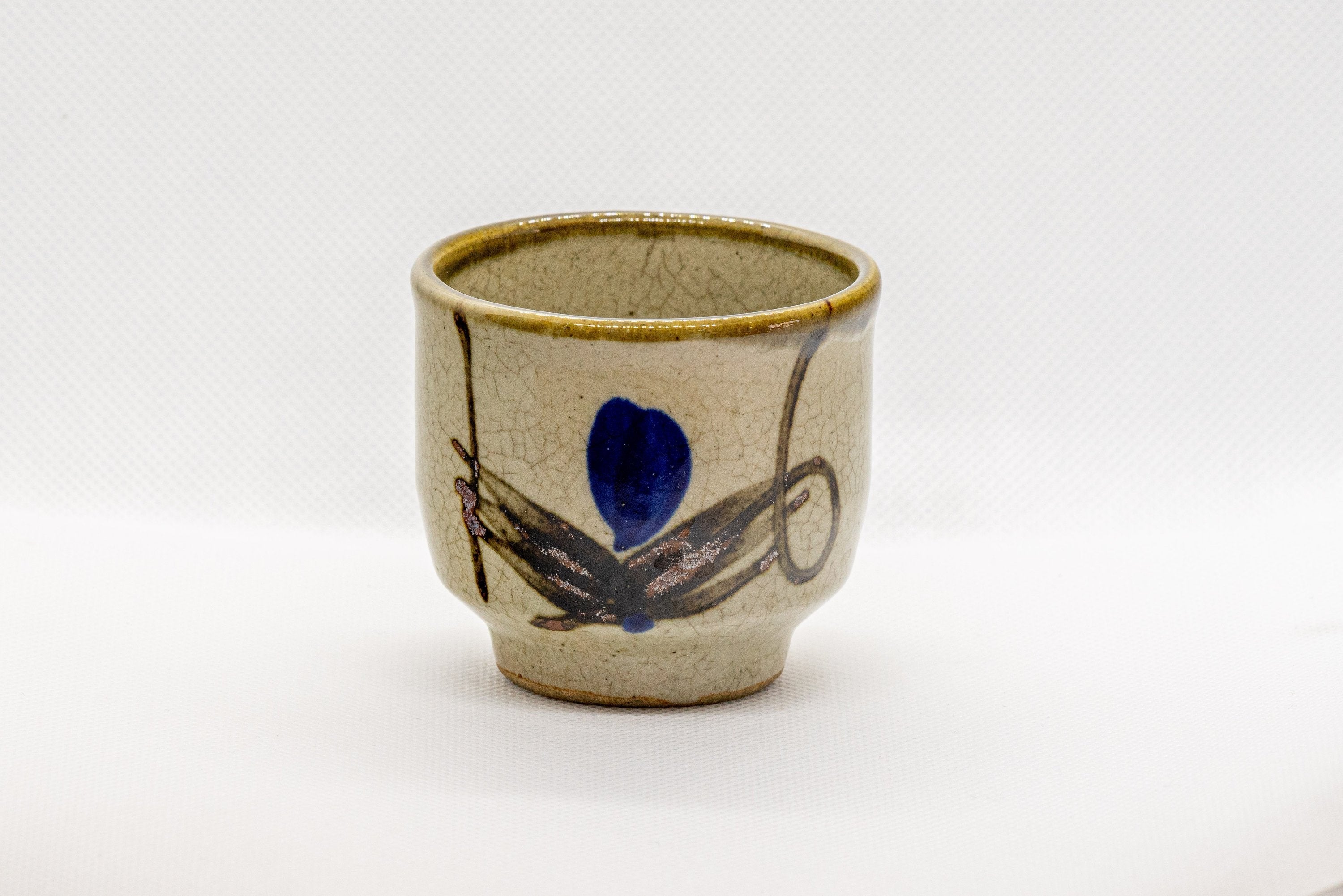 Japanese Teacup - Beige Yunomi with Blue Flower Petal Decoration - 105ml