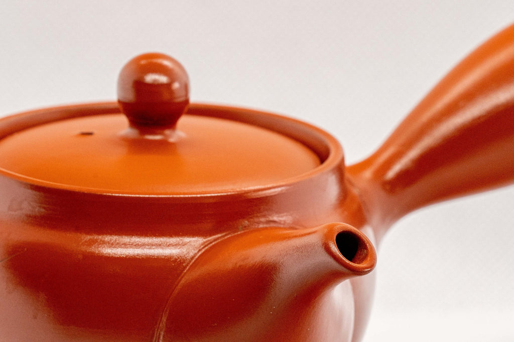 Japanese Kyusu - Floral Engraved Red Shudei Tokoname-yaki Ceramic Teapot - 300ml