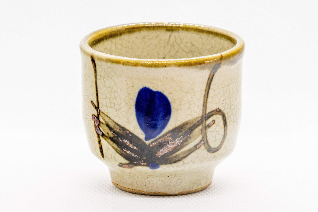 Japanese Teacup - Beige Yunomi with Blue Flower Petal Decoration - 105ml