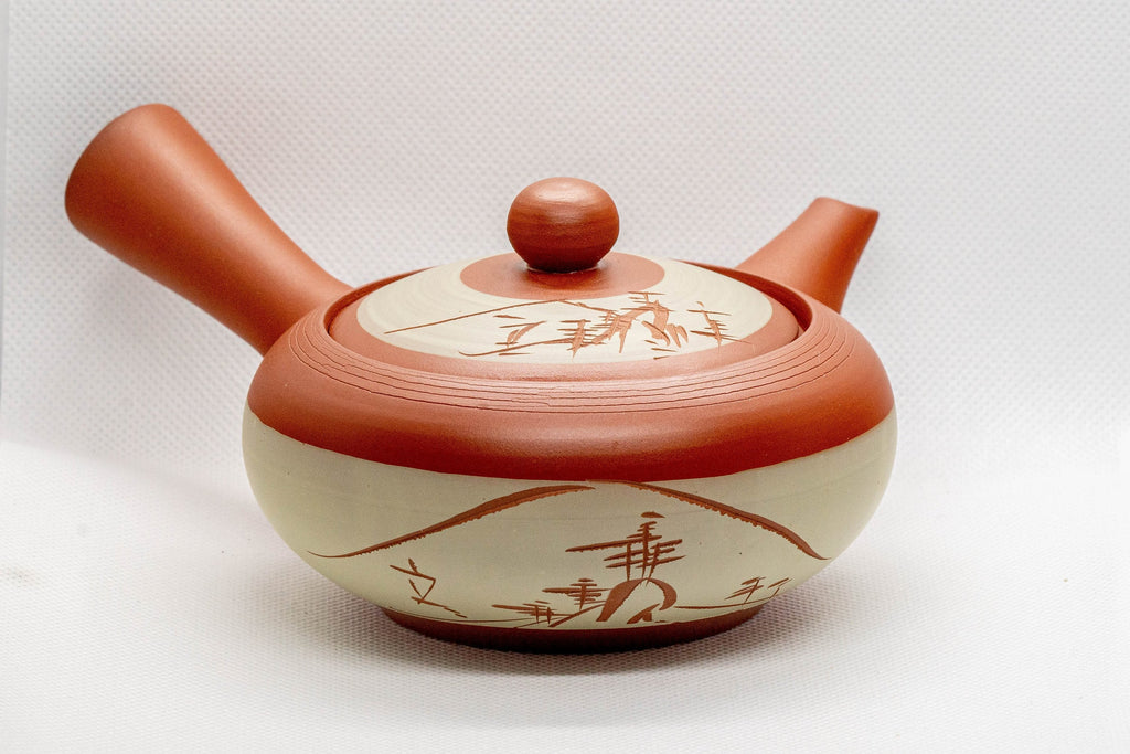 Japanese Tea Set -  White Sgraffito Tokoname-yaki Ceramic Kyusu and 5 Lidded Teacups
