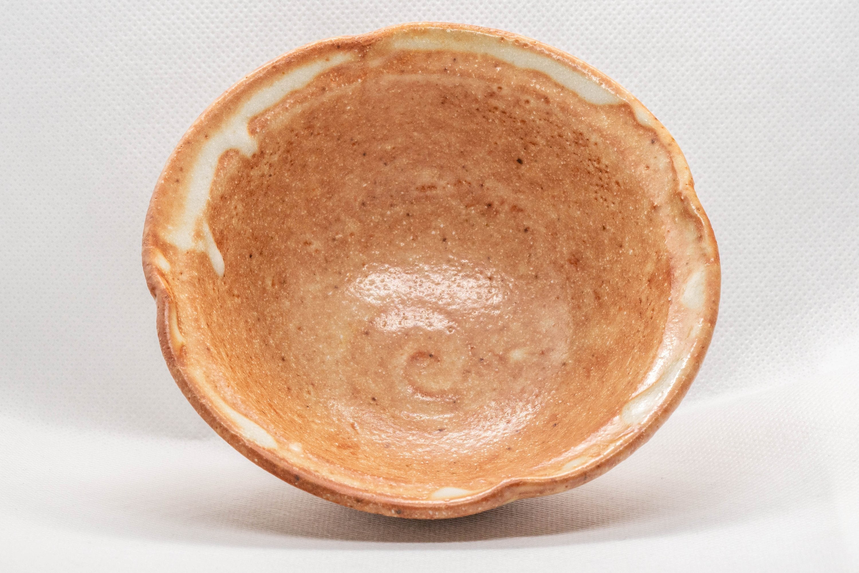 Japanese Matcha Bowl - Small Orange Komogai-nari/Hatazori-gata Chawan with white Shino Glaze