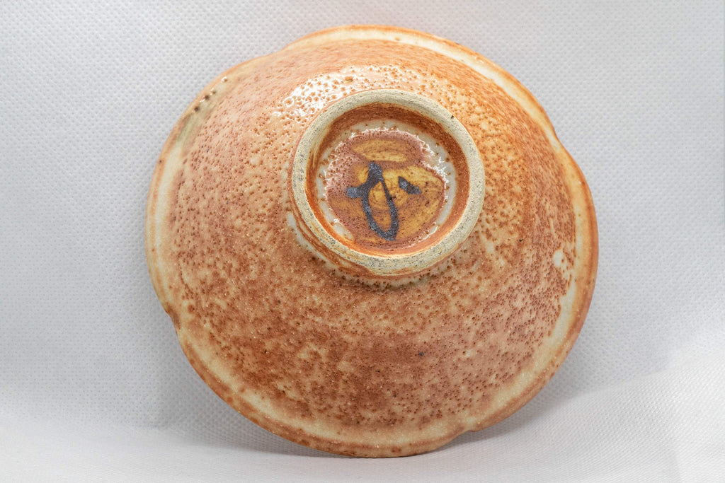 Japanese Matcha Bowl - Small Orange Komogai-nari/Hatazori-gata Chawan with white Shino Glaze