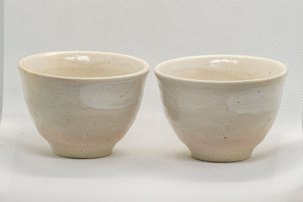 Japanese Teacups - Pair of Beige Floral Yunomi with Saucers - 150ml