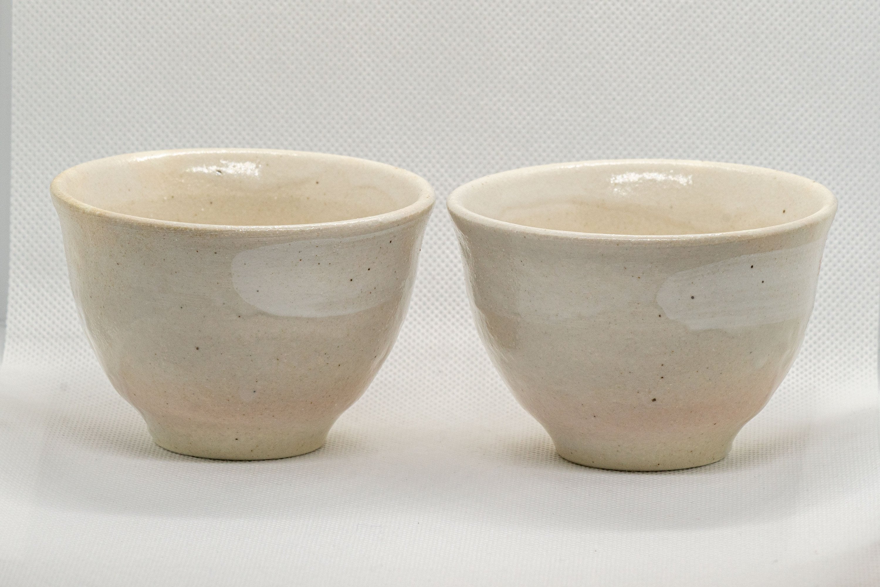 Japanese Teacups - Pair of Beige Floral Yunomi with Saucers - 150ml