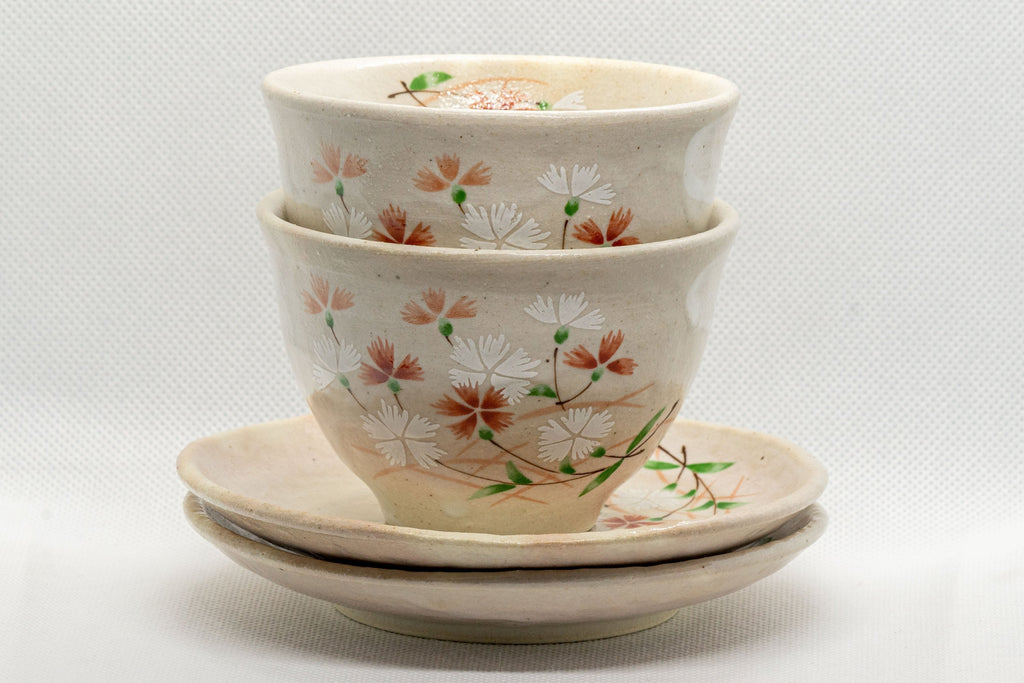 Japanese Teacups - Pair of Beige Floral Yunomi with Saucers - 150ml