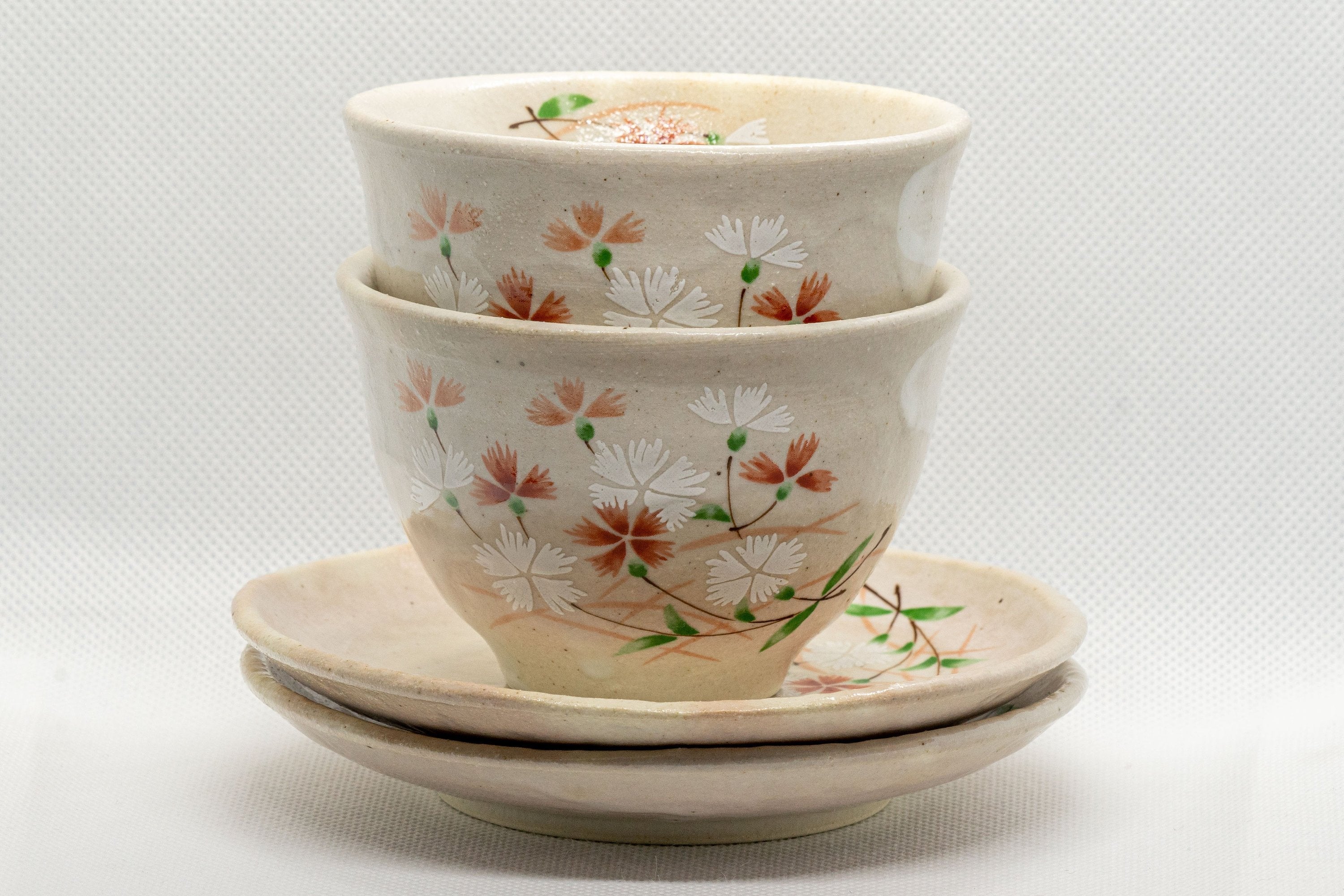 Japanese Teacups - Pair of Beige Floral Yunomi with Saucers - 150ml