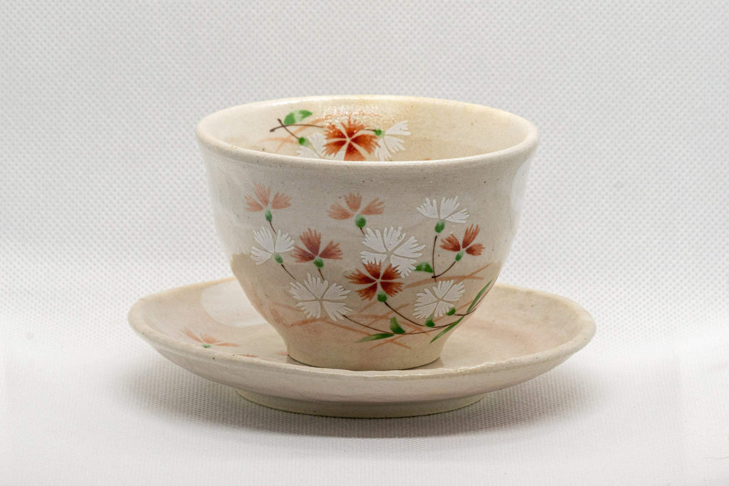Japanese Teacups - Pair of Beige Floral Yunomi with Saucers - 150ml