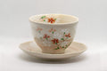 Japanese Teacups - Pair of Beige Floral Yunomi with Saucers - 150ml
