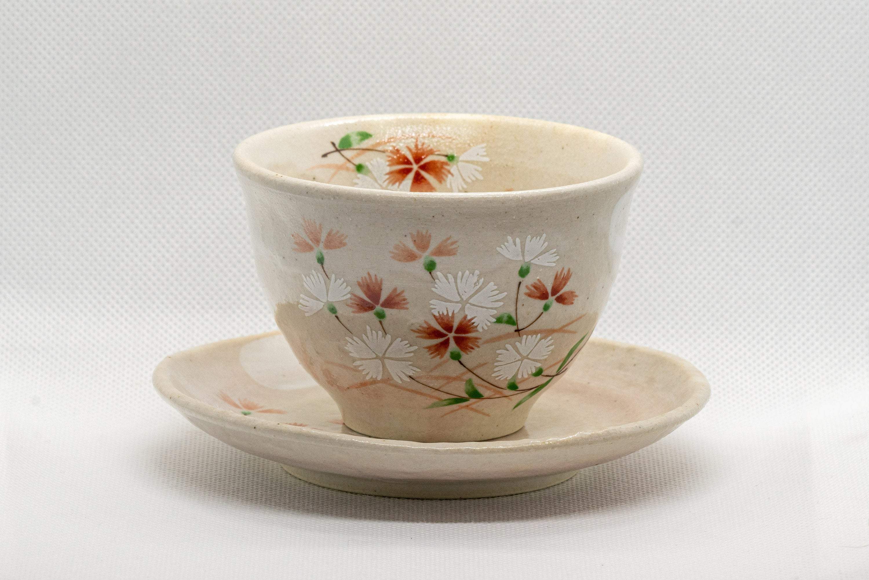 Japanese Teacups - Pair of Beige Floral Yunomi with Saucers - 150ml