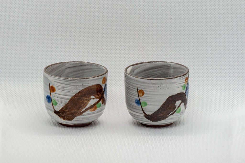 Japanese Teacups - Pair of White Glazed Floral Guinomi - 40ml