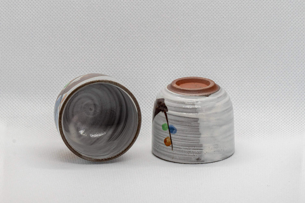 Japanese Teacups - Pair of White Glazed Floral Guinomi - 40ml