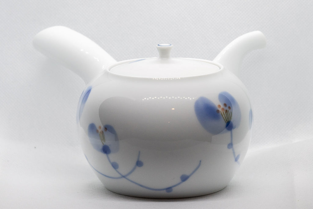 Japanese Kyusu - White Porcelain Blue Orchids Teapot - 375ml