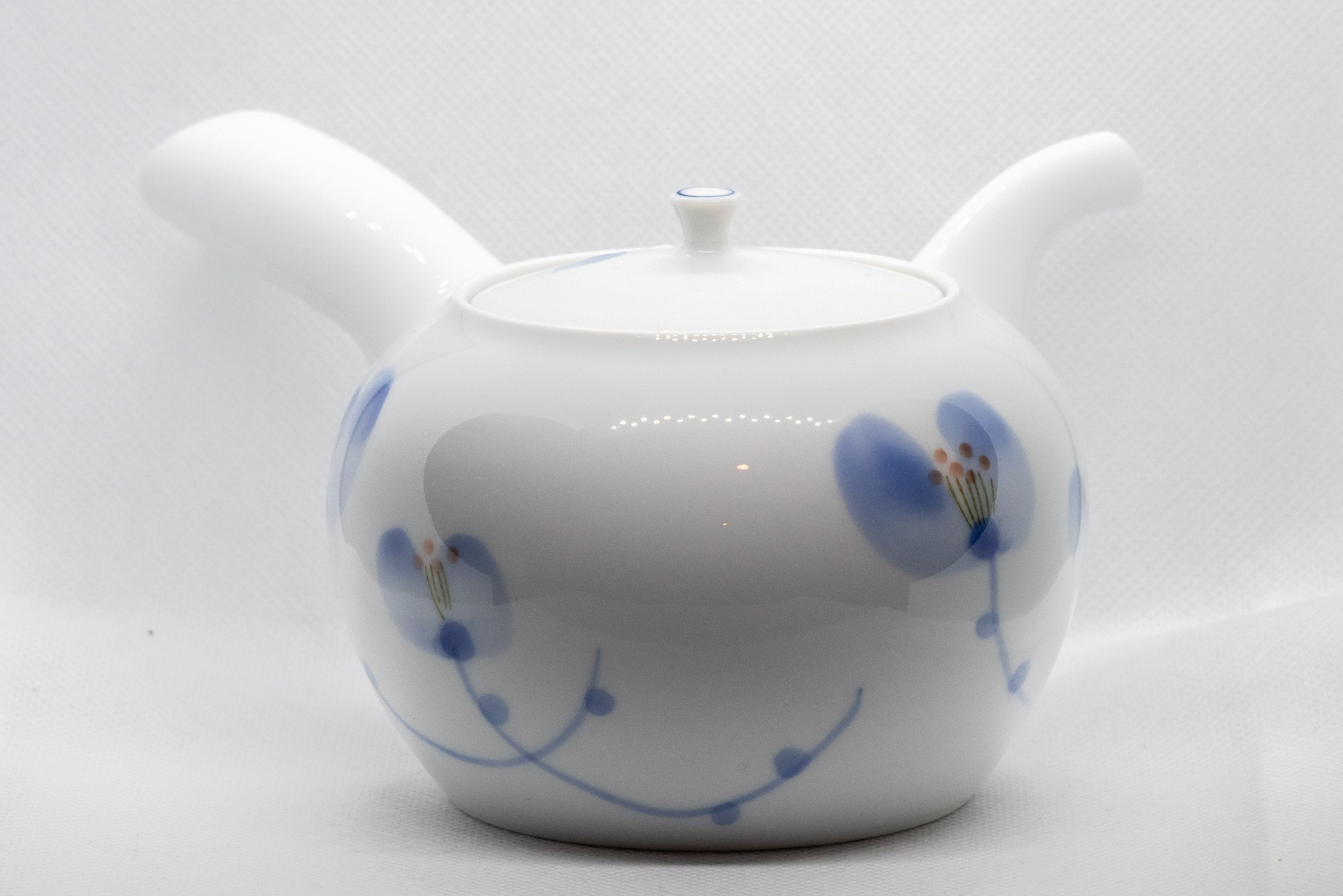 Japanese Kyusu - White Porcelain Blue Orchids Teapot - 375ml