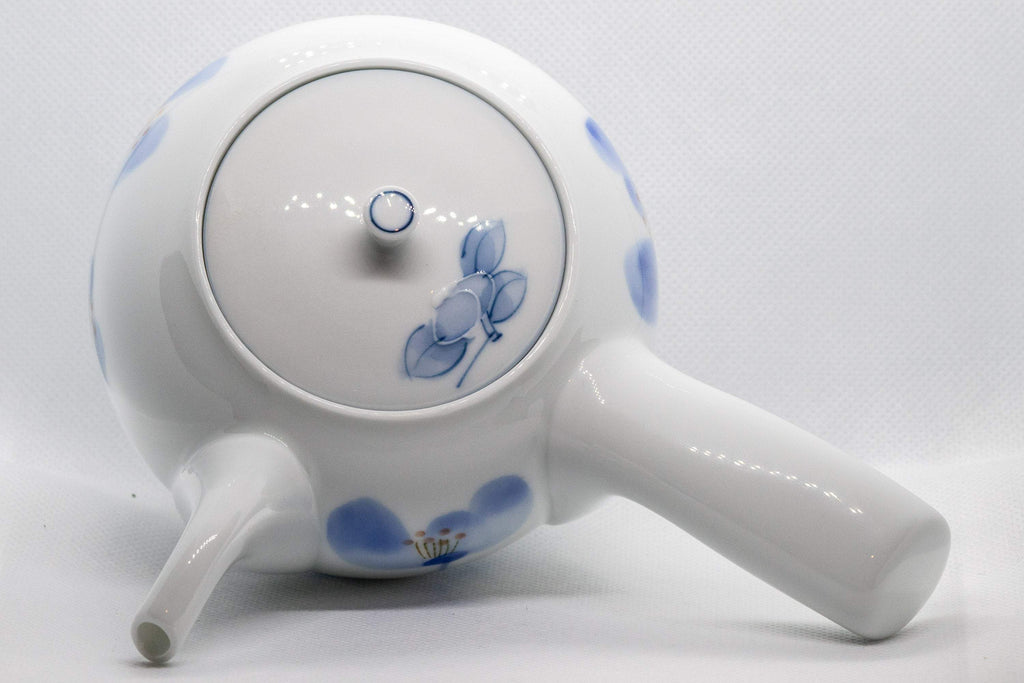 Japanese Kyusu - White Porcelain Blue Orchids Teapot - 375ml