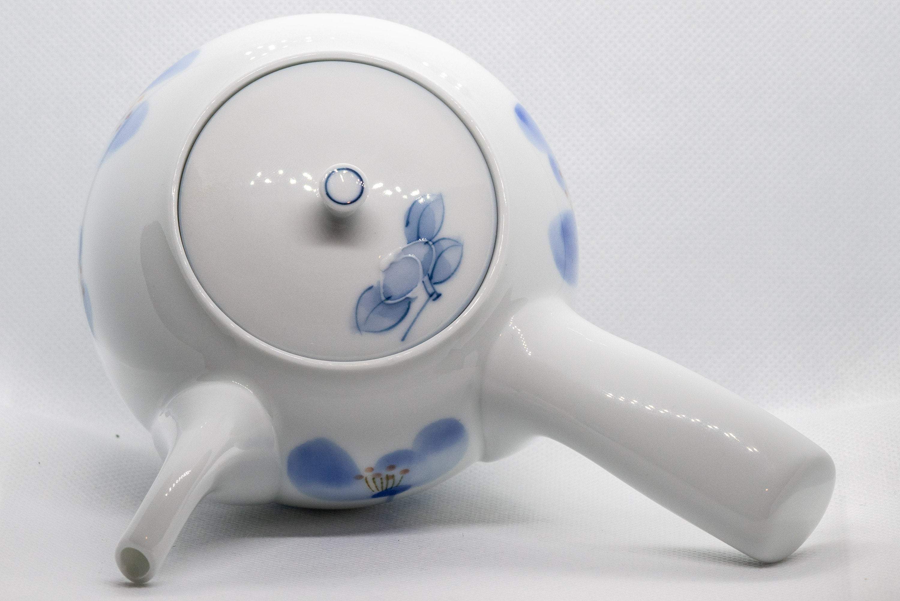 Japanese Kyusu - White Porcelain Blue Orchids Teapot - 375ml