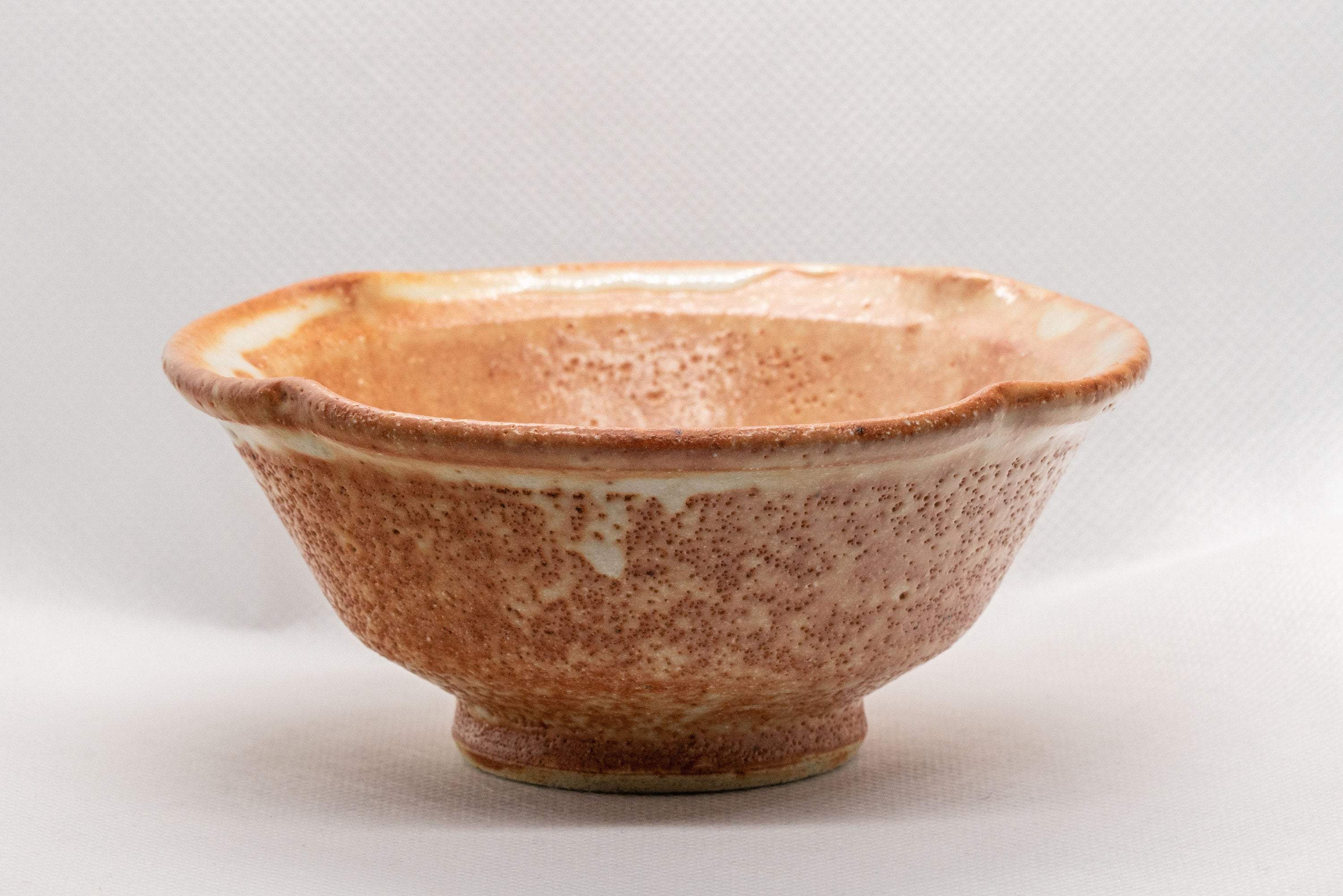 Japanese Matcha Bowl - Small Orange Komogai-nari/Hatazori-gata Chawan with white Shino Glaze