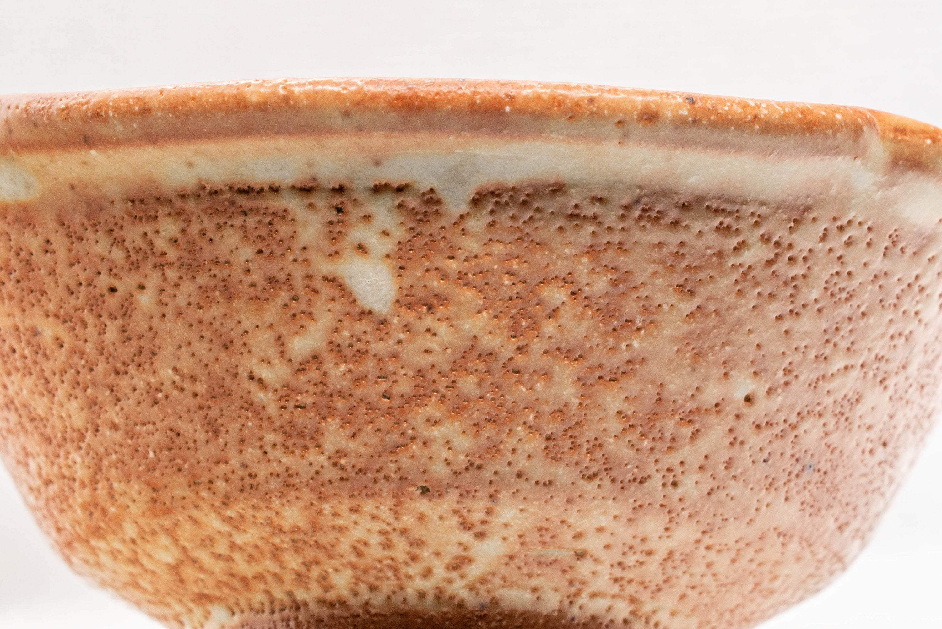 Japanese Matcha Bowl - Small Orange Komogai-nari/Hatazori-gata Chawan with white Shino Glaze