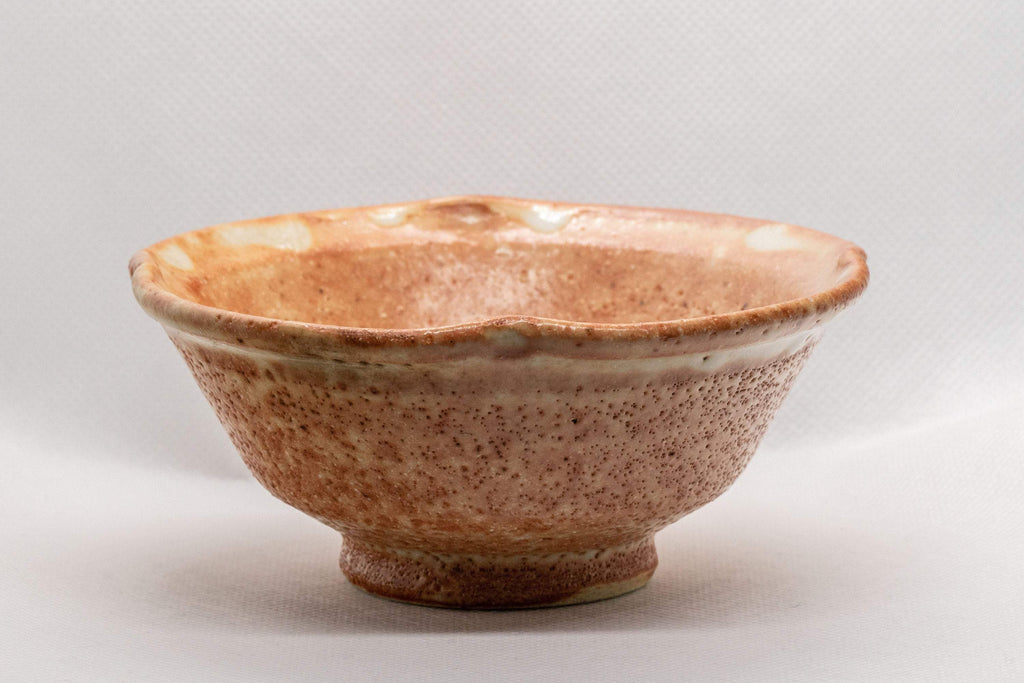 Japanese Matcha Bowl - Small Orange Komogai-nari/Hatazori-gata Chawan with white Shino Glaze