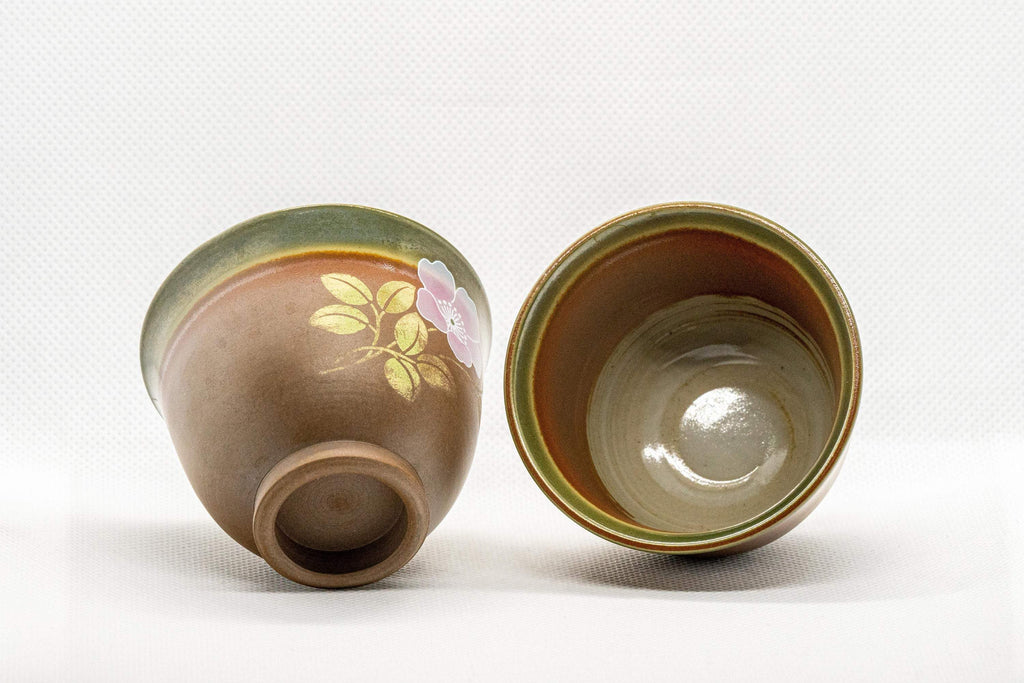 Japanese Teacups - Pair of Brown Floral Senchawan - 80ml