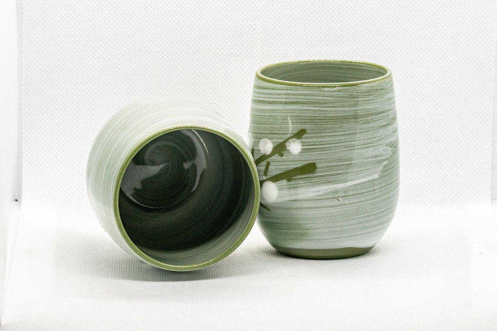 Japanese Teacups - Meoto Pair of Green Floral Yunomi